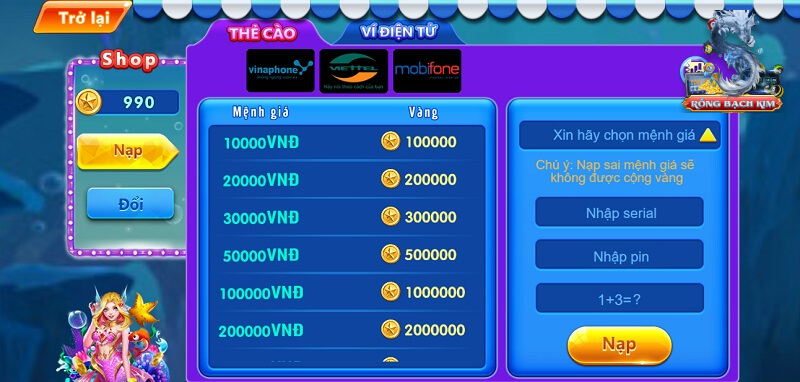 Mua thẻ c&agrave;o c&aacute;c mệnh gi&aacute; gửi tiền v&agrave;o cổng game