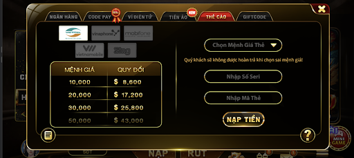 Hình thức nạp tiền tại Hit Club bằng thẻ cào